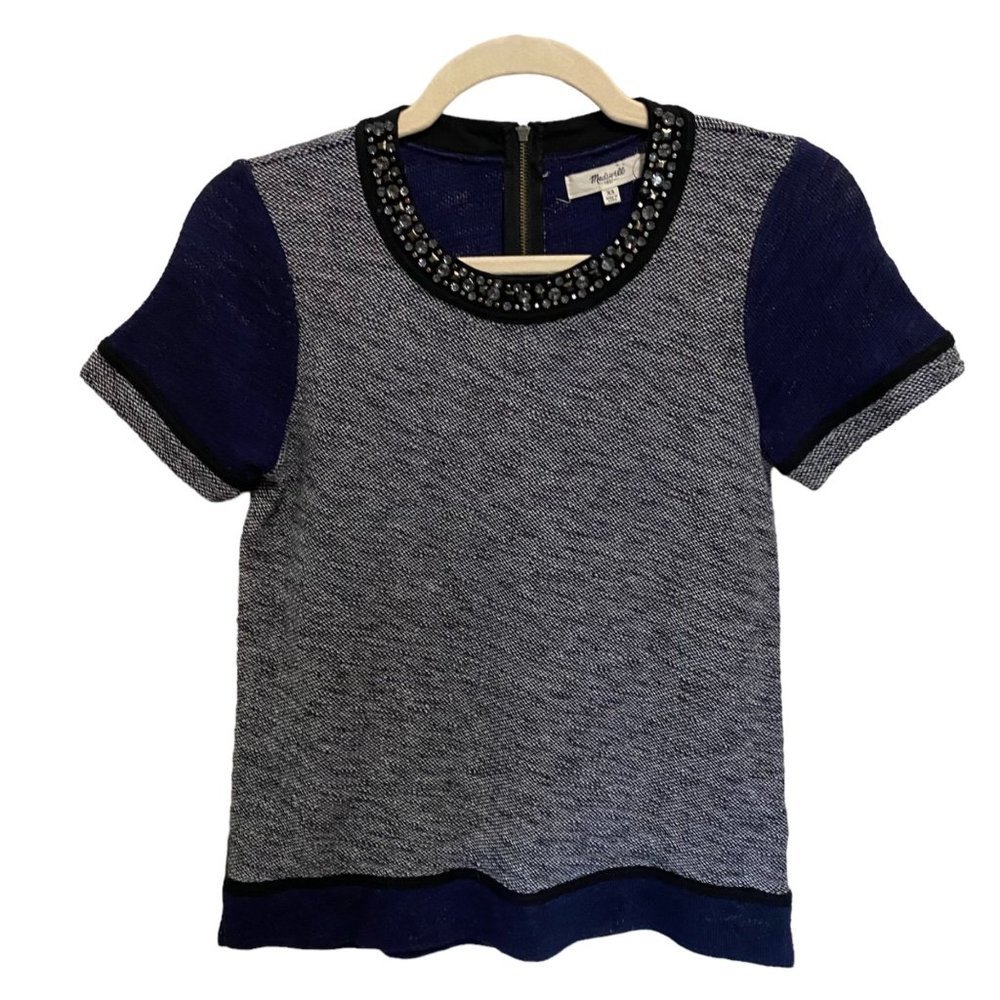 Madewell Women Sz XS Knit 100% Cotton Jewel Embellished Short Sleeve Top Blouse